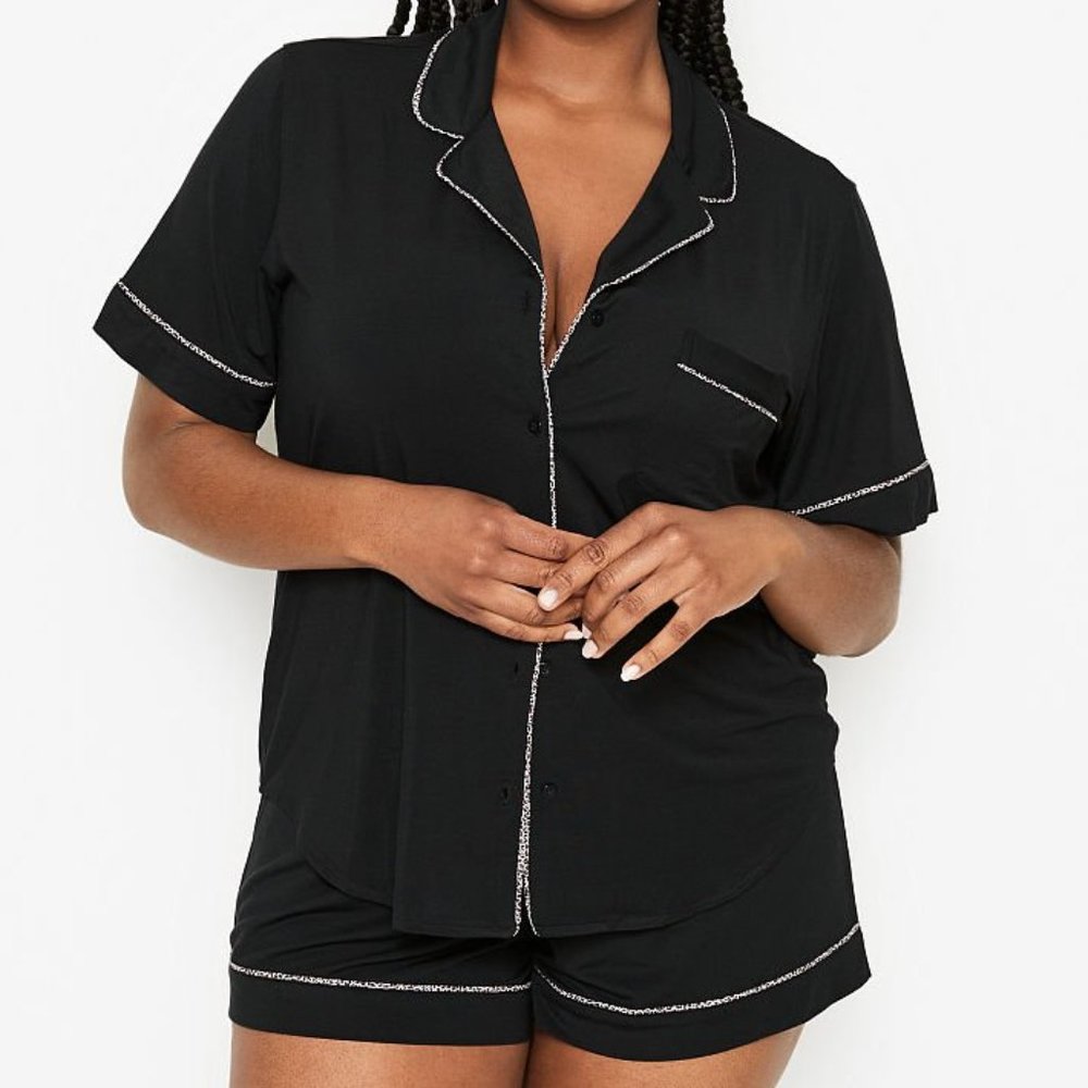 L VS Short PJ Set Black with Leopard Piping Heavenly Modal Softest PJs NWT